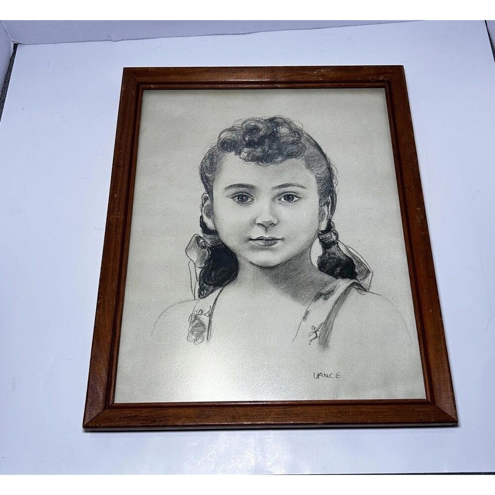 Vintage Framed Portrait Print Little Girl Drawing Signed Vance Wall Art Unique